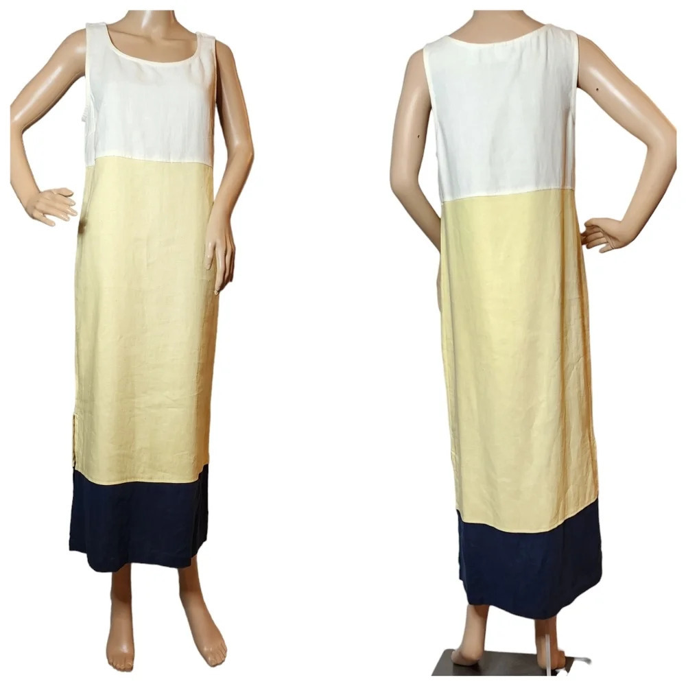 100% Linen Maxi Dress Modern Element Cream Yellow Blue Colorblock Small Petite.